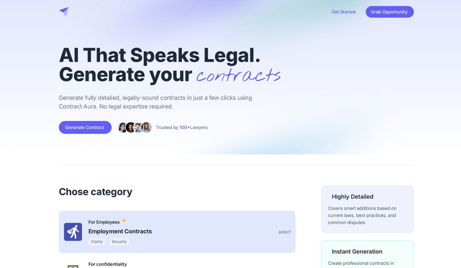 Contract Aura – Select the type of contract you want to generate.