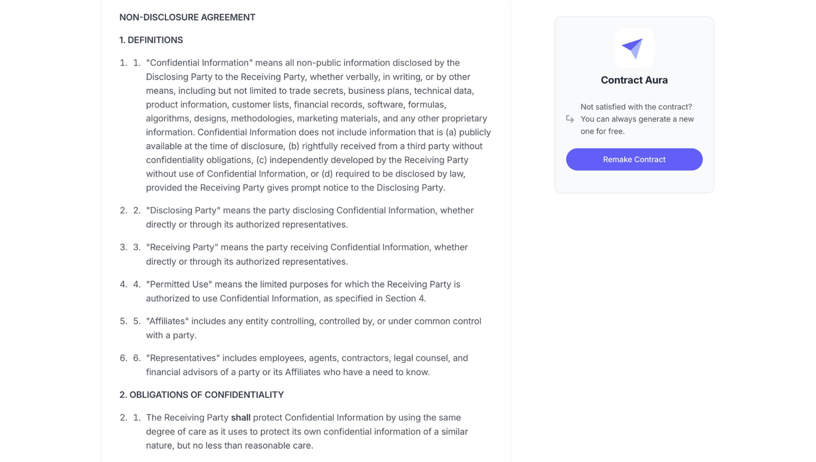View your generated contract and download as a document. You can also remake if you wish to.